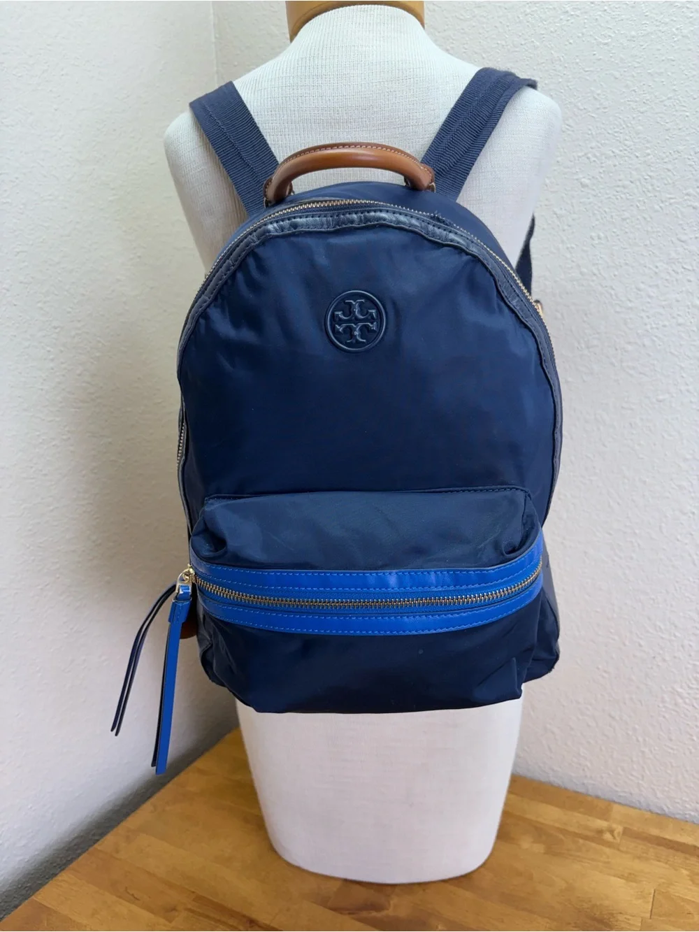 Tory Burch Perry Nylon Small Backpack Navy Blue Leather Trim Travel Bag Handbag